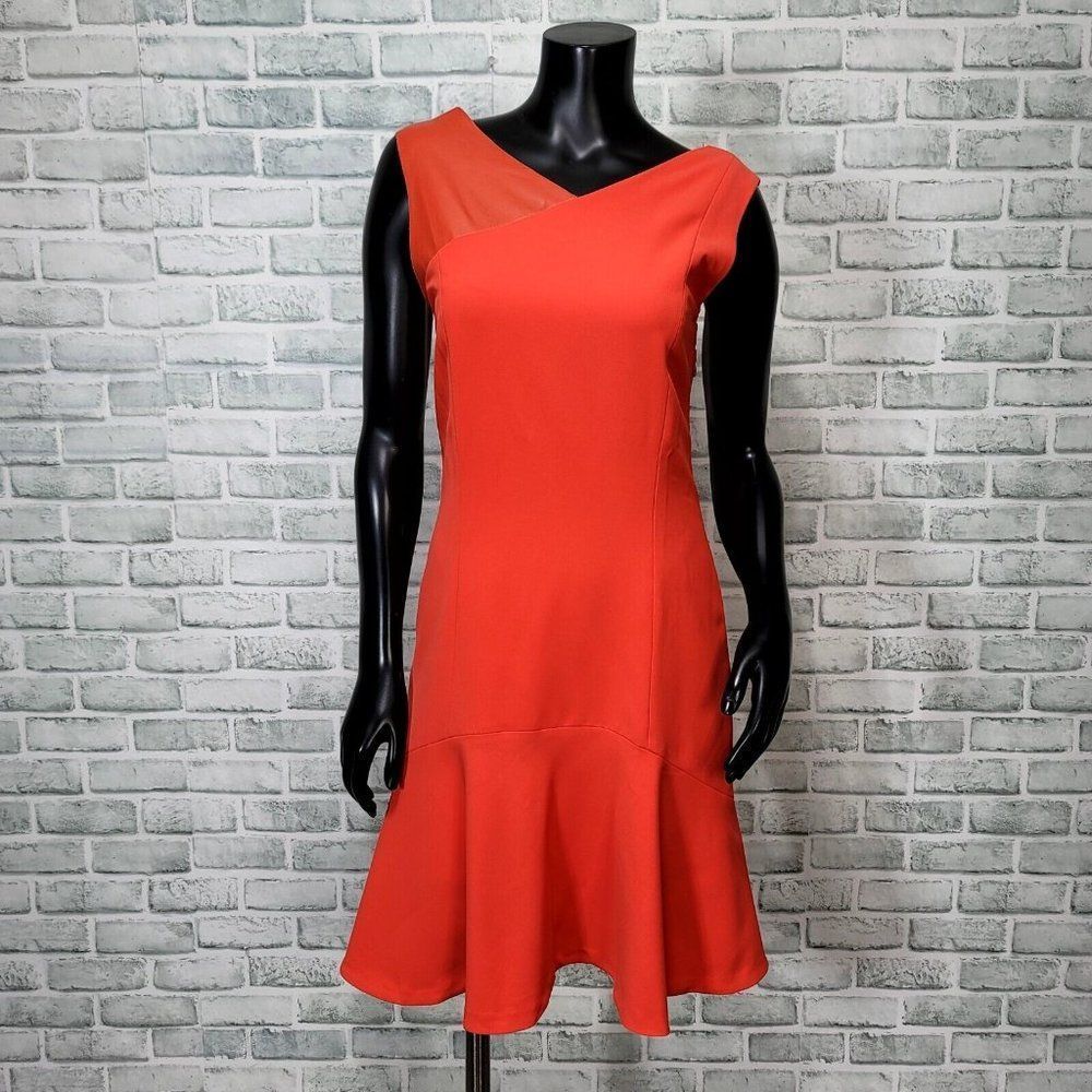 Y2K Esprit Womens S Orange Sleeveless‎ Faux Leather Panel Dress Drop Waist